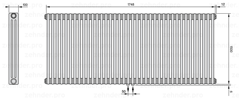 Схема (чертеж) Радиатор Zehnder Charleston 3150/38 №5410 Белый глянцевый RAL 9016